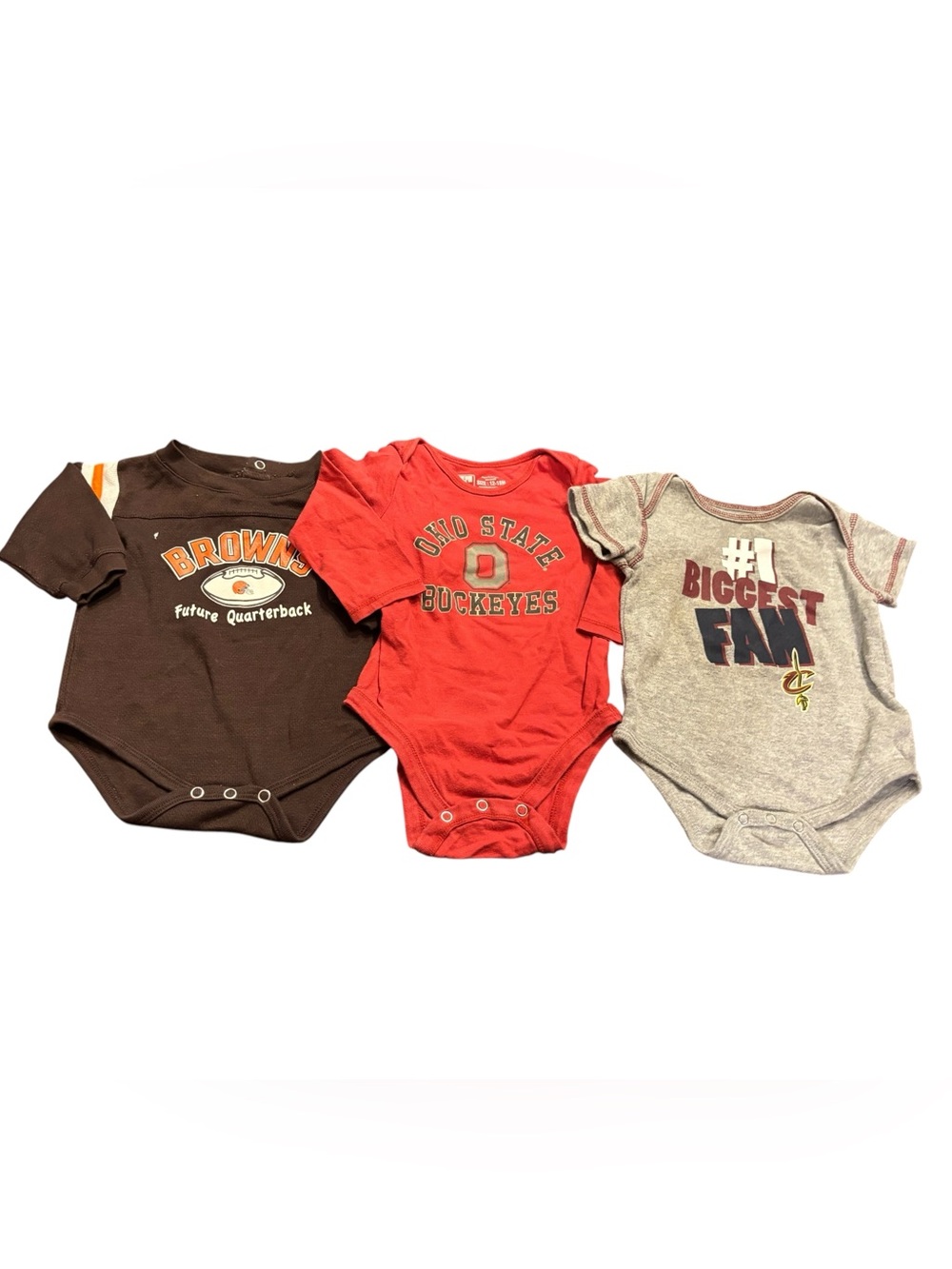 Ohio Sports fan onesies, size 12M, Cavs, Buckeyes and Browns